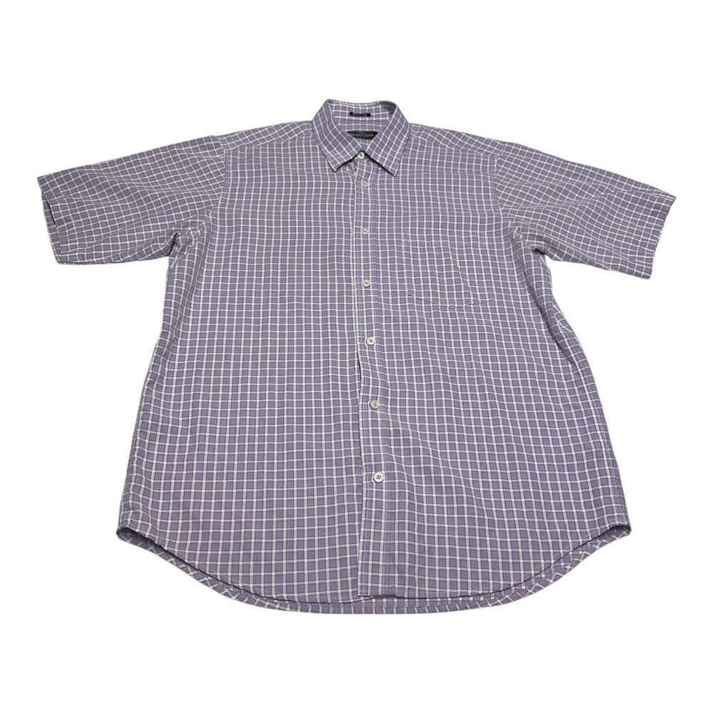 Bugatchi Uomo Shirt Mens Sz L Purple Plaid Check Textured Short Sleeve Button Up